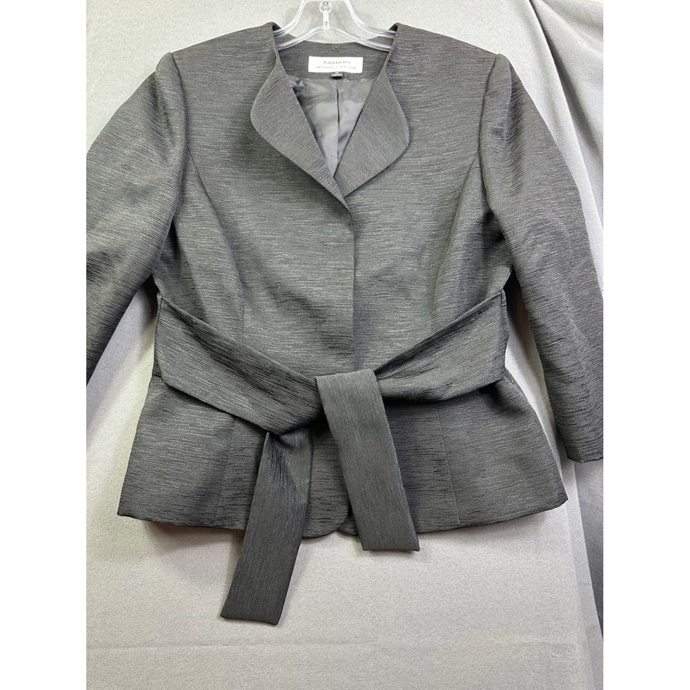 Tahari Arthur S Levine Women 12 Gray Textured Belted Blazer Jacket Professional